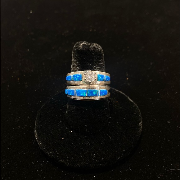 Navajo wedding set blue fire Opal and cz set in sterling...